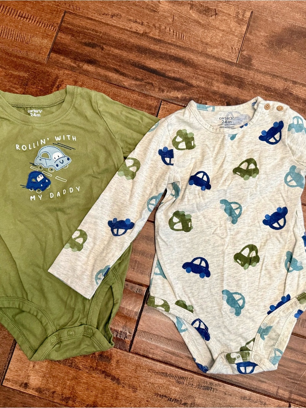 Carter's Olive Green & Light Gray Car Print Long-Sleeve Bodysuits